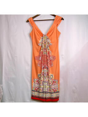 London Times Dress Women’s Size 6 Orange Paisley Sleeveless Sheath Knee Length